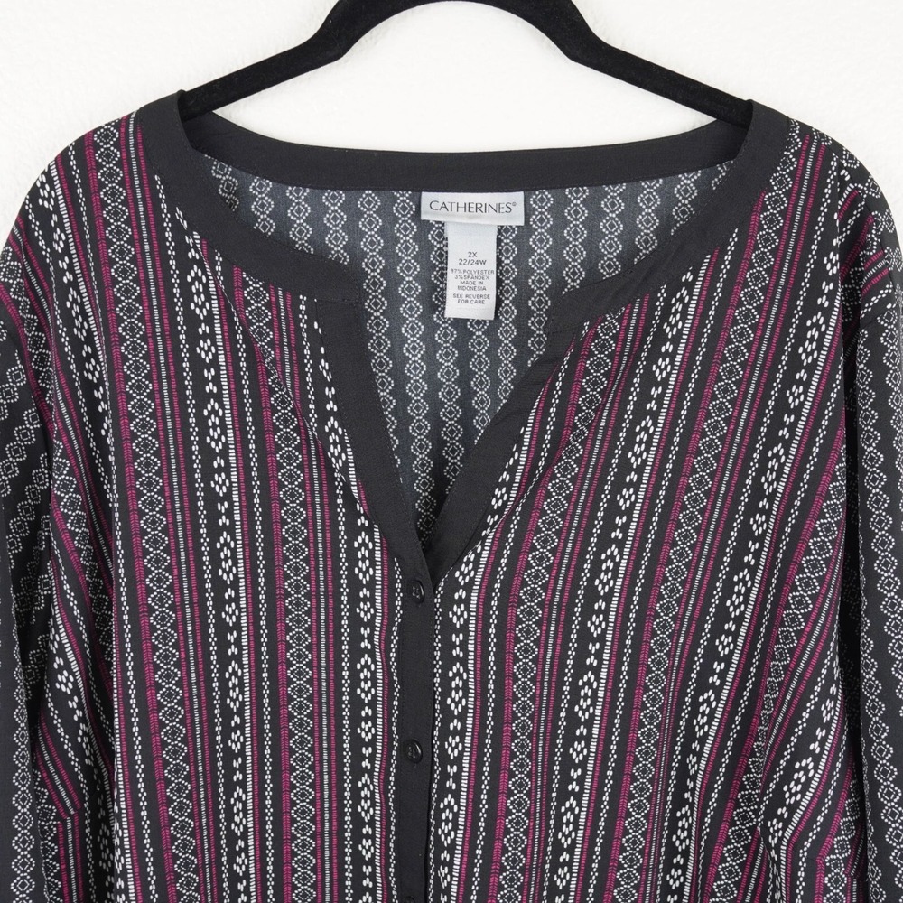Catherines Black & Pink Boho Print Tunic Top Plus Size 2X 22‎ 24W Button Front - Picture 2 of 9
